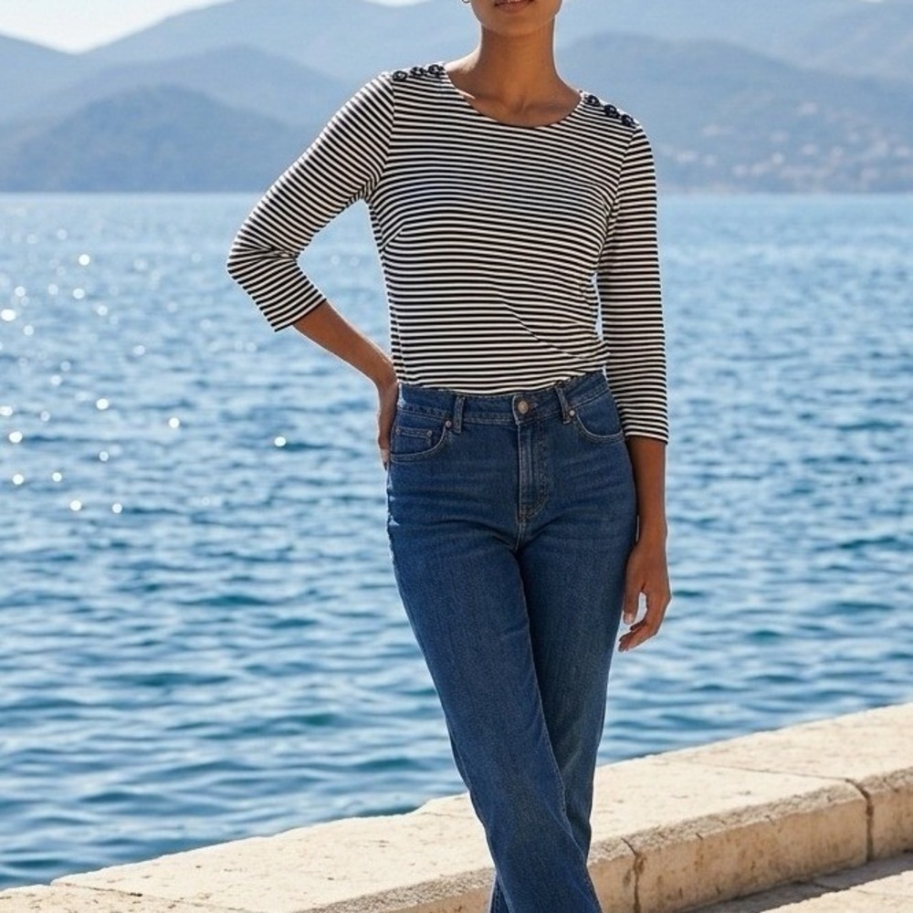 Boden Striped Breton Top Women 10 Navy White Anchor Button Nautical Coastal